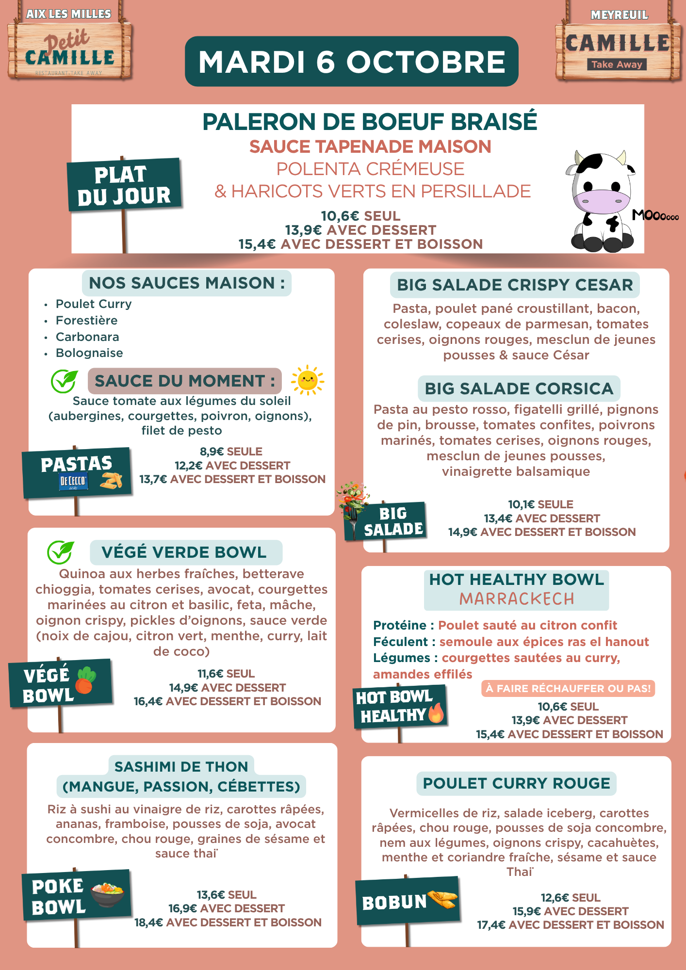 Menu Take away de la Brasserie Camille à Meyreuil et Aix-les-Milles